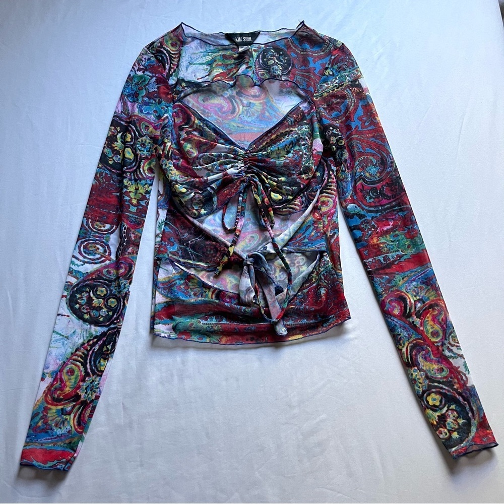KIM SHUI multicolor‎ paisley print mesh tie front cutout long sleeve top